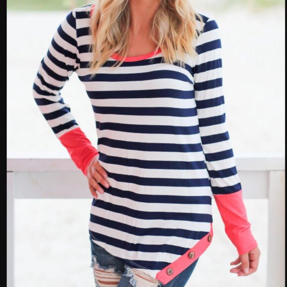 Twenty Second Black and White Striped Top with Coral Details - Picture 1 of 6